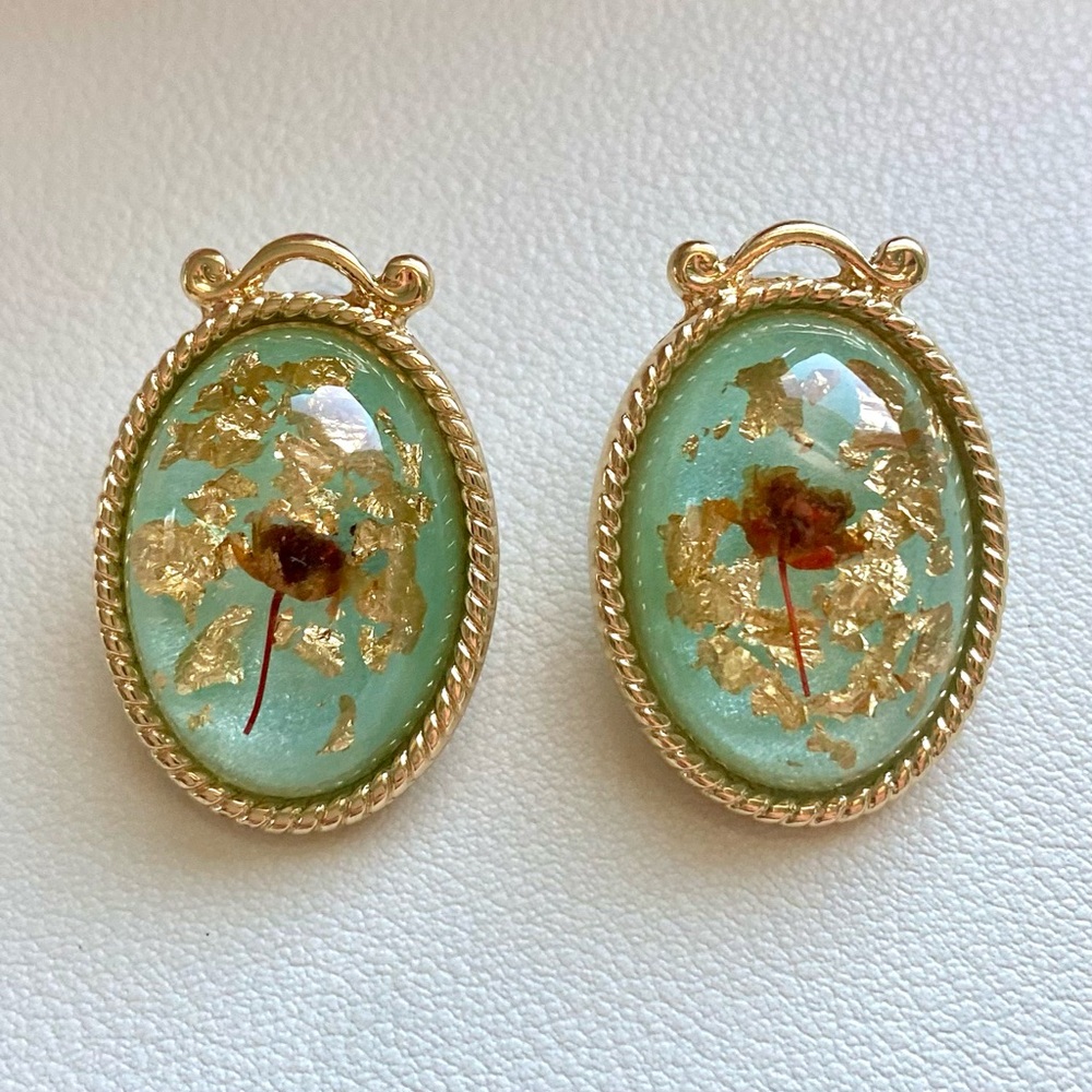 Gold and Green Oval Earrings